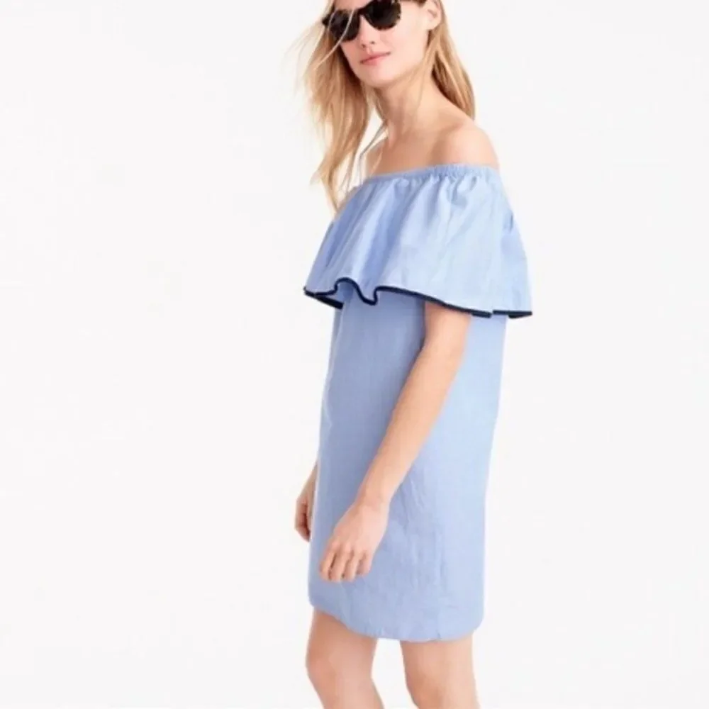 J. Crew Light Blue Chambray Ruffle Off Shoulder Dress Sz S
